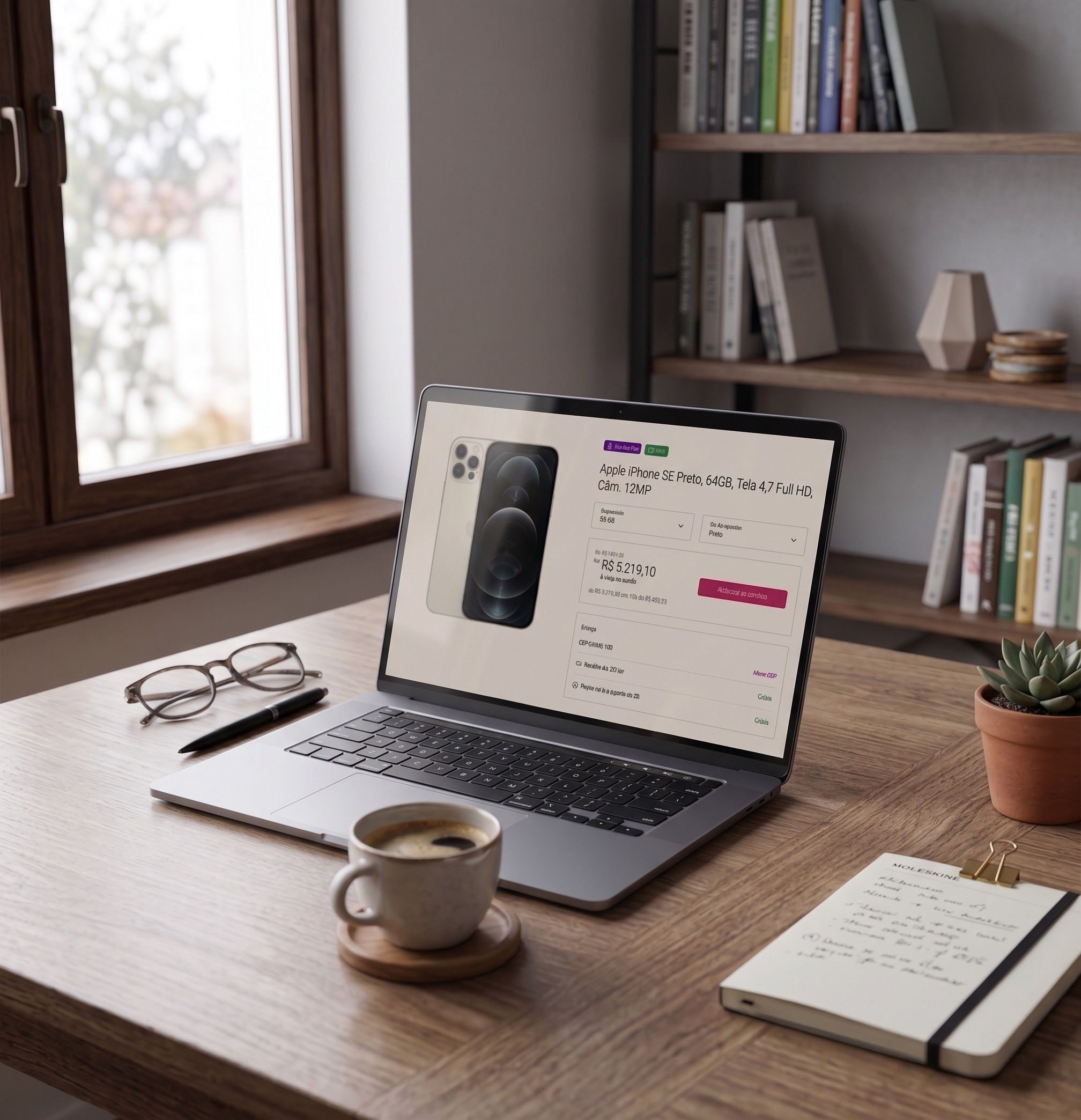 Macbook em cima de uma mesa com a página do e-commerce da Vivo aberta mostrando as opções de entrega