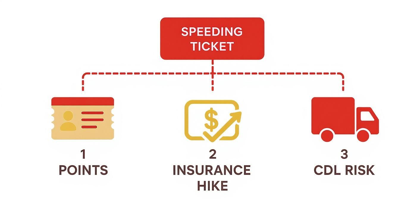 Infographic decision tree illustrating the costly outcomes of a speeding ticket, including points on your license, insurance hikes, and risks to a CDL.
