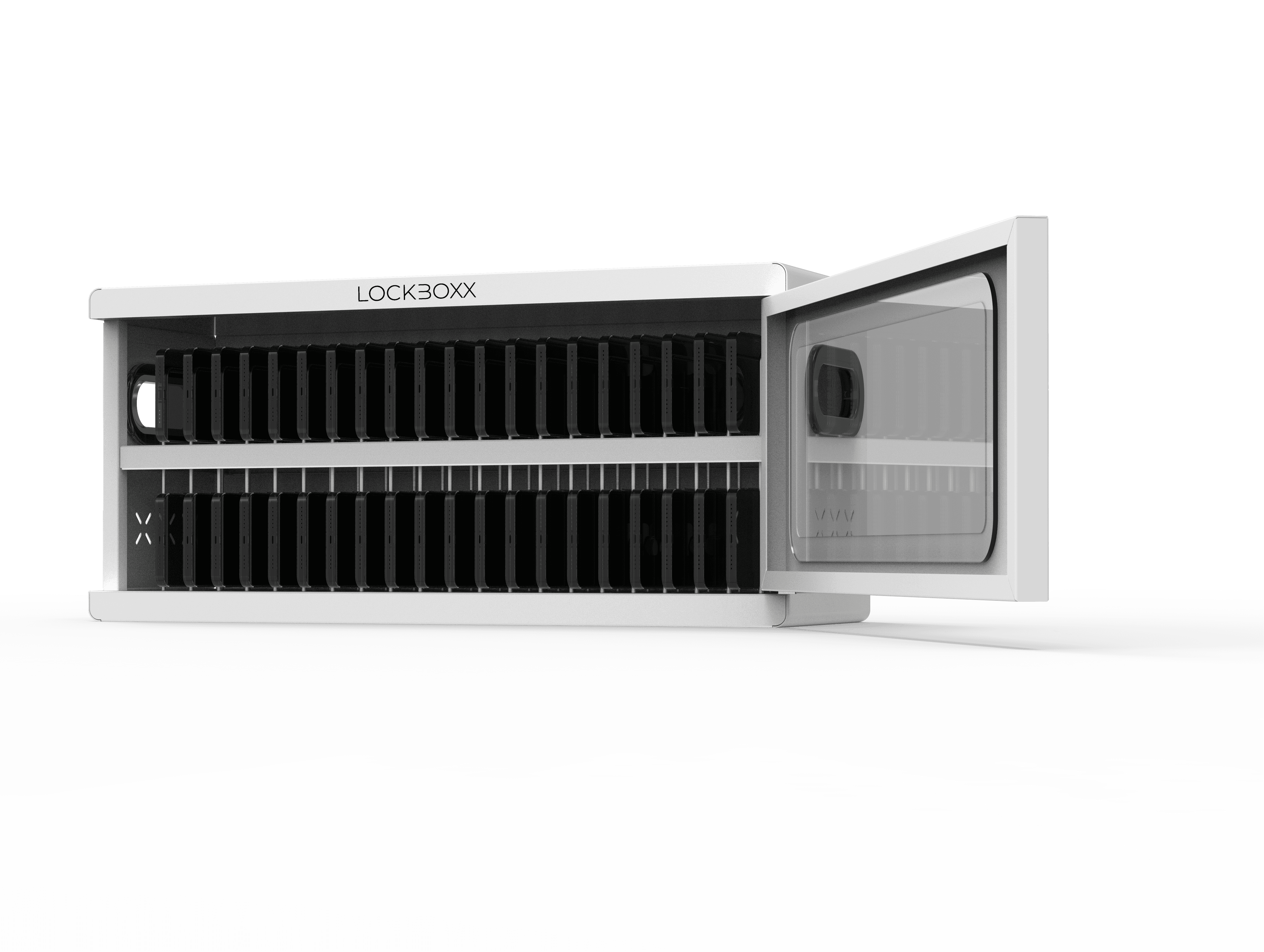 LOCKBOXX phone locker opening door with phone storage positions visible