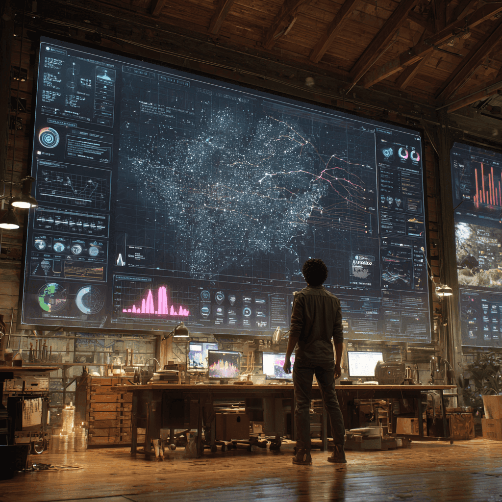 A cinematic, hyper-realistic scene of a strategist standing before a large, illuminated wall-sized blueprint or diagnostic dashboard, covered in glowing nodes, brand logos, content flowcharts, and audience heatmaps. The strategist mid-30s, gender-neutral, smart casual attire is pointing to a weak signal on the map, symbolizing hidden branding flaws. Behind them, subtle ghosted visuals show brand touchpoints like websites, social media posts, testimonials, and competitor data being analyzed. The environment blends the feel of a command center, creative agency, and startup war room. Lighting is warm but focused, casting soft shadows across wood, metal, and screen textures. The mood is one of calm authority, insight, and high-leverage decision-making.