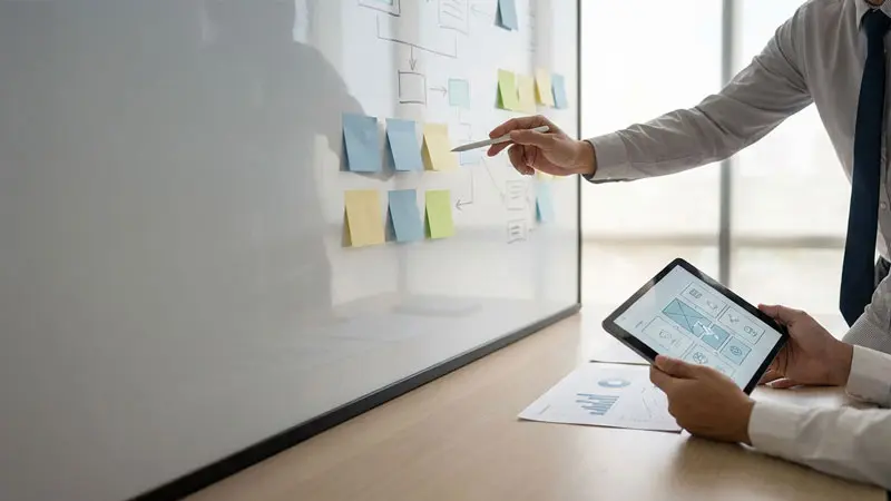 Proceso de diseño UX: de la ideación en pizarrón con notas adhesivas a la creación de prototipos digitales de alta fidelidad.