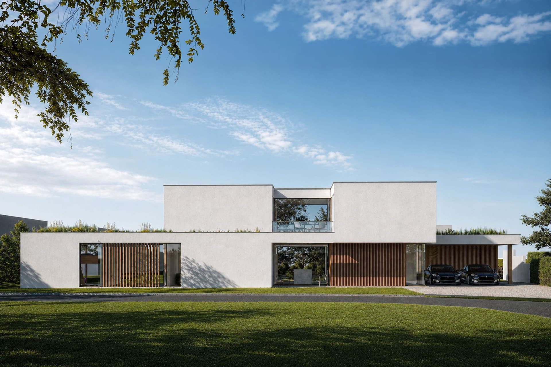 Voorzijde van moderne villa in Hilvarenbeek met witte volumes, houten lamellen en geïntegreerde carport.