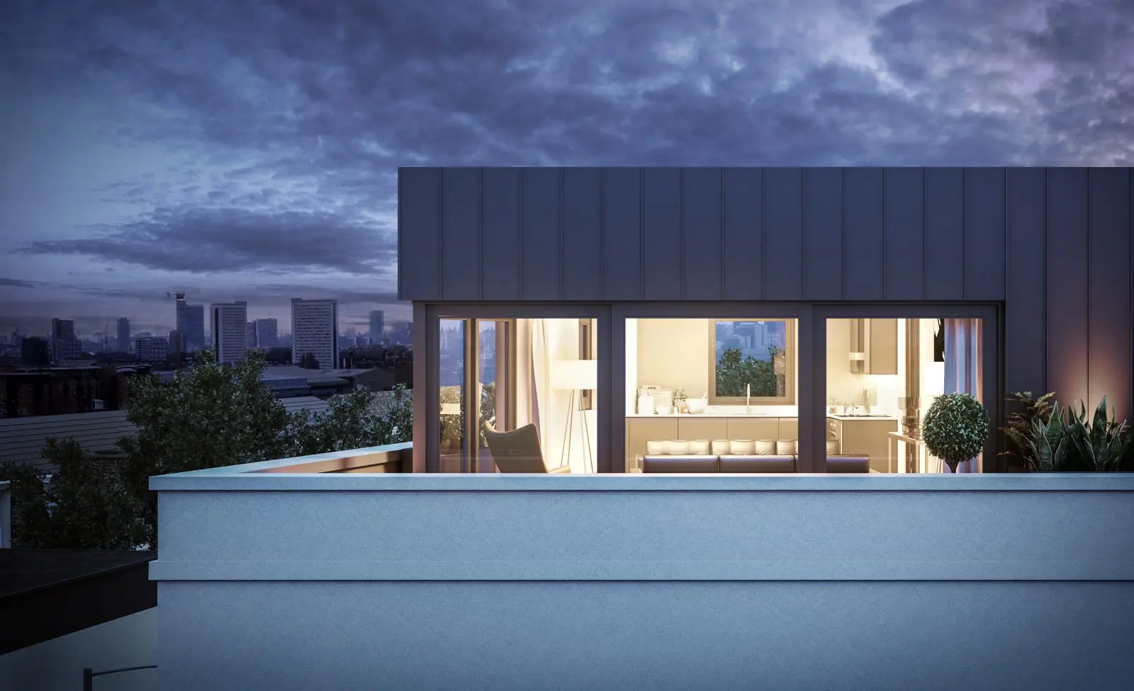 Modern house with sharp angles and large glass windows reflecting a sunset. An infinity pool and lounge chairs in the foreground create a serene ambiance.