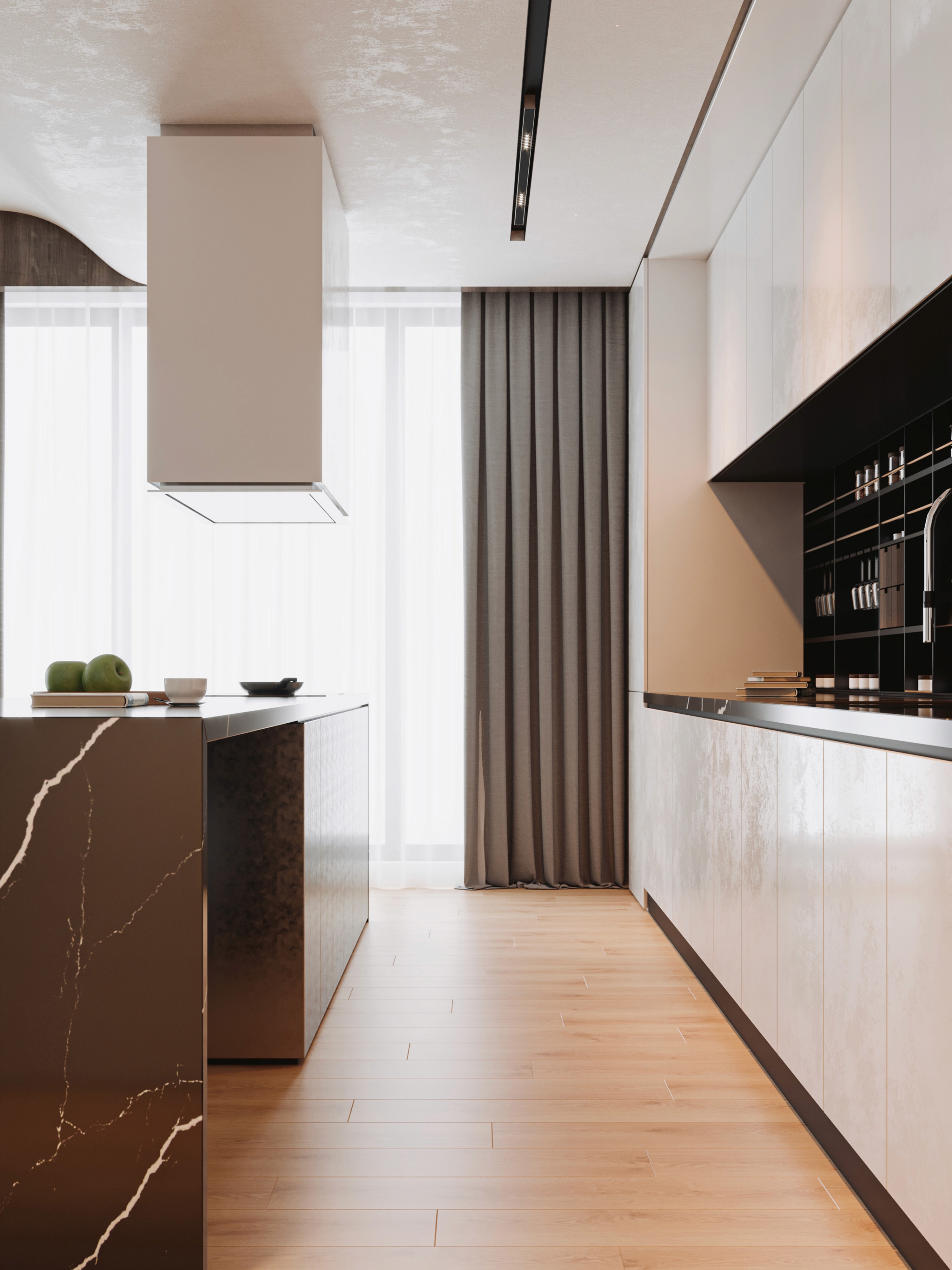 Render di Isola cucina monolitica in marmo nero con venature bianche a contrasto con pavimento in legno rovere naturale. Mobili cucina bianchi filomuro e illuminazione tecnica a binario su soffitto materico.
