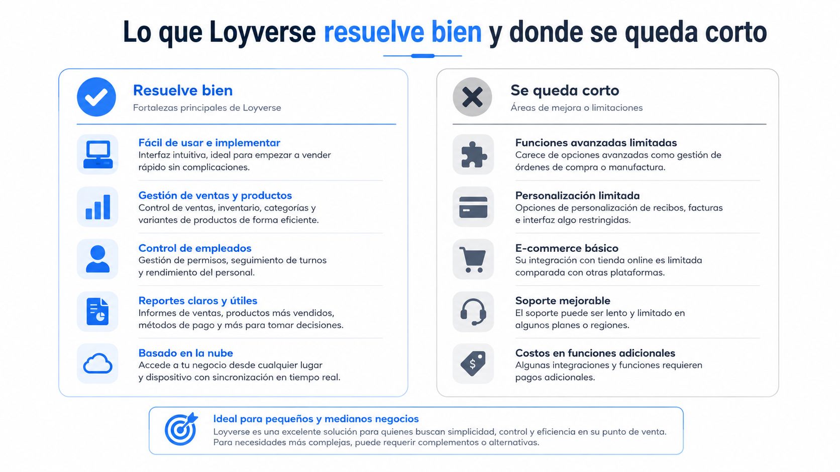Gráfico comparativo de Loyverse destacando sus principales fortalezas, limitaciones y su idoneidad para pequeñas empresas.