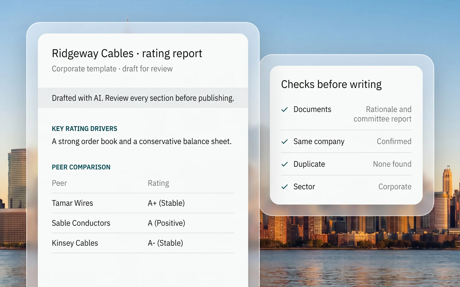 A rating report in the corporate template with its AI drafting note, key rating drivers and peer ratings as the source states them, beside the checks run first