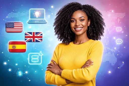 Profesional bisnis berdiri dengan percaya diri dengan antarmuka penerjemah video AI dan ikon pengisi suara multibahasa di latar belakang