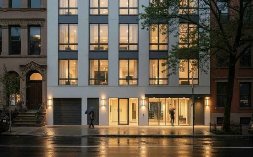 Tall modern skyscraper with vertical lines, viewed against a clear blue sky.