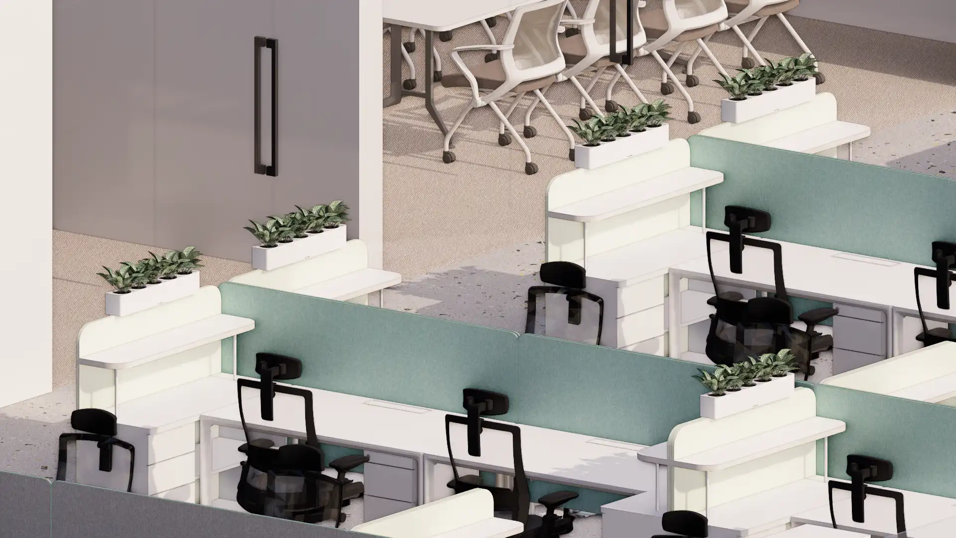 사무실에 파티션화분 에코팟을 적용한 3D이미지