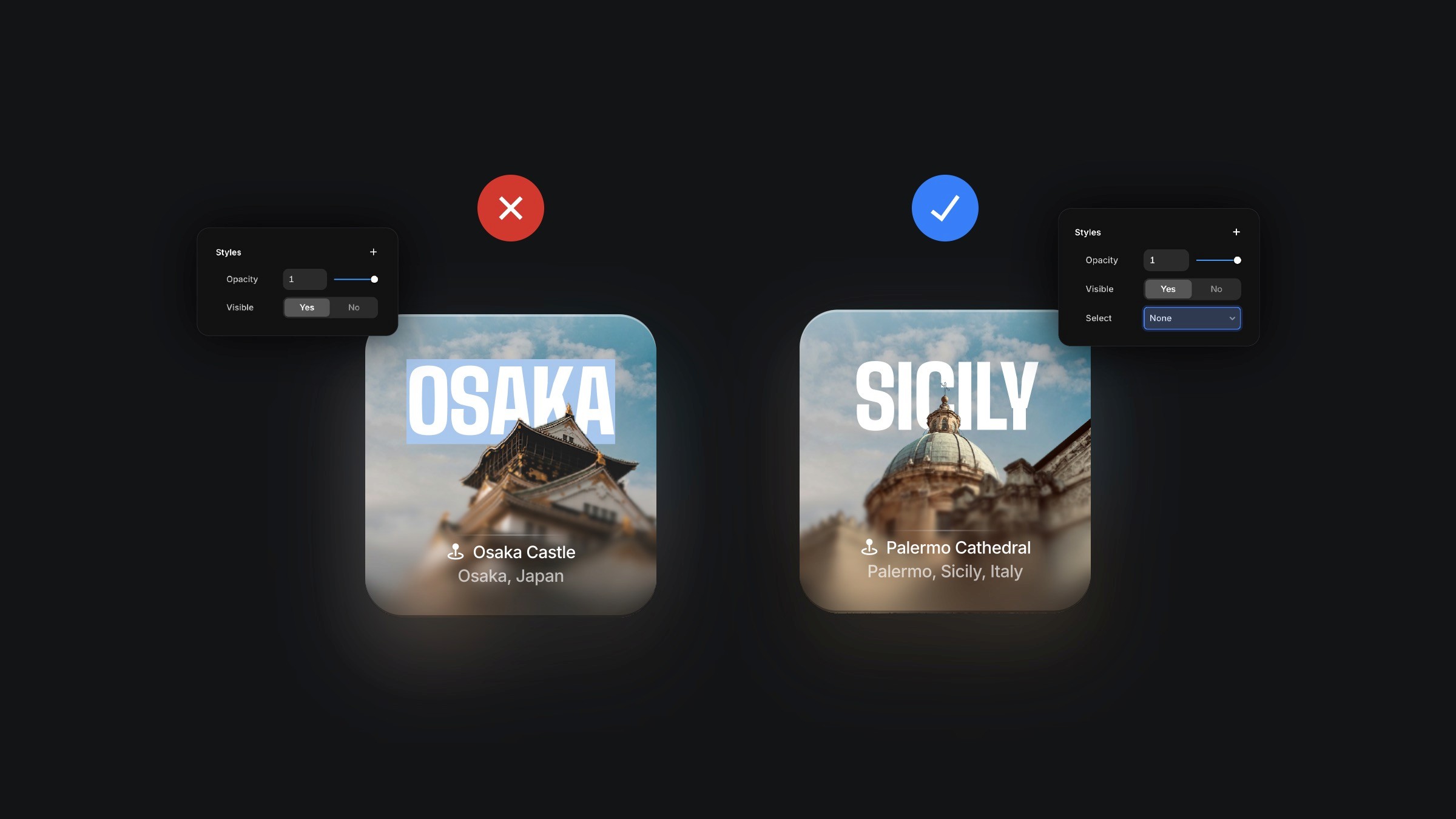 Interface showing travel options for Osaka and Sicily with stylized decision buttons and photo style settings