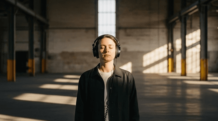 Person wearing over-ear headphones with eyes closed listening to music in vast sunlit industrial warehouse, dramatic natural light and yellow steel columns in background