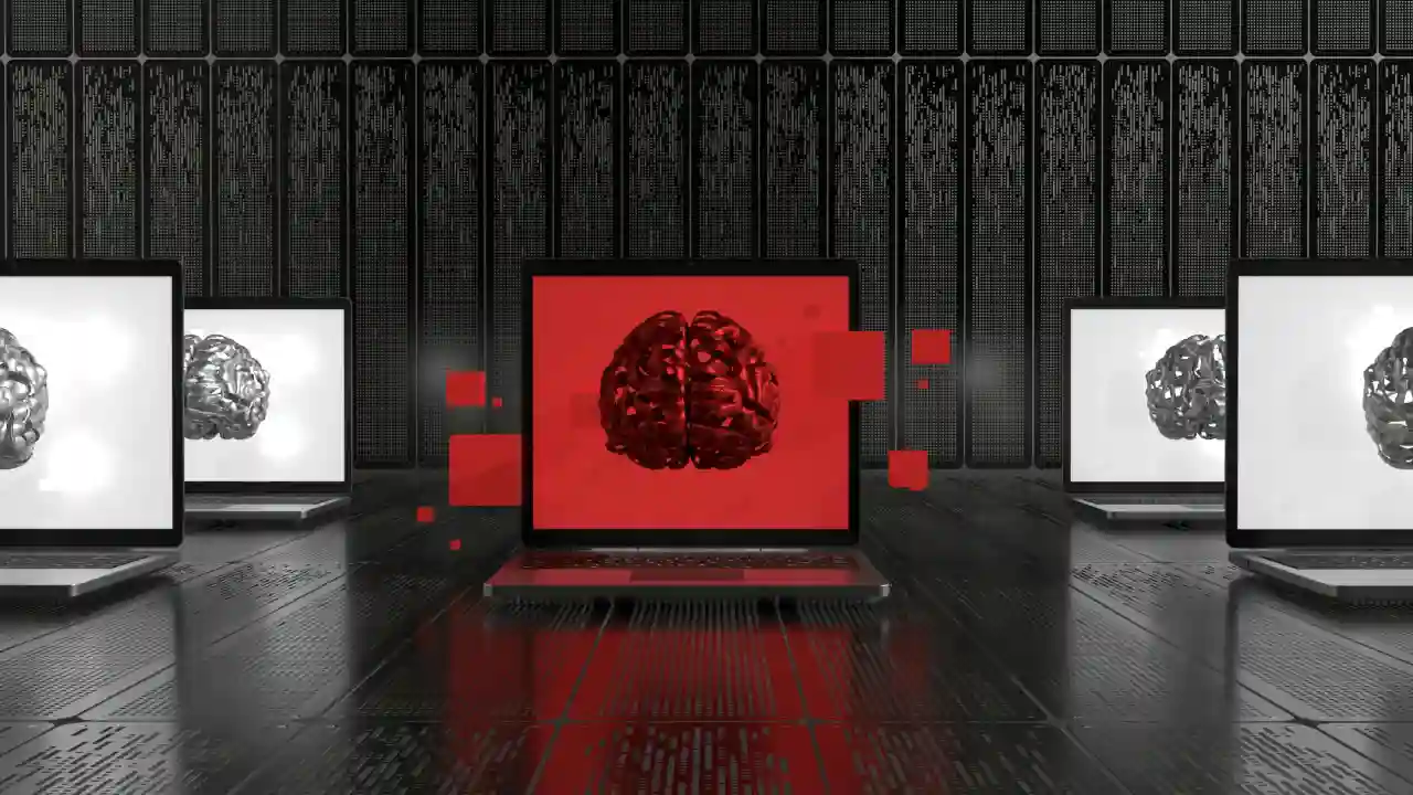 Three laptops displaying brains, with the center screen highlighted in red, in a dark, digital setting.
