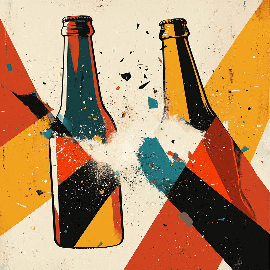 graphic treatment showing two beer bottles clashing