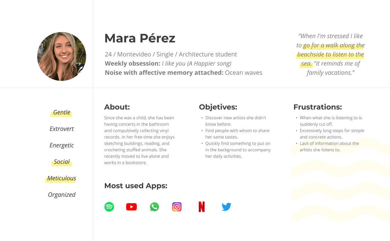 User Persona of Mara Pérez, containing a general information about her, personality traits, tech habits. frustrations and objectives.