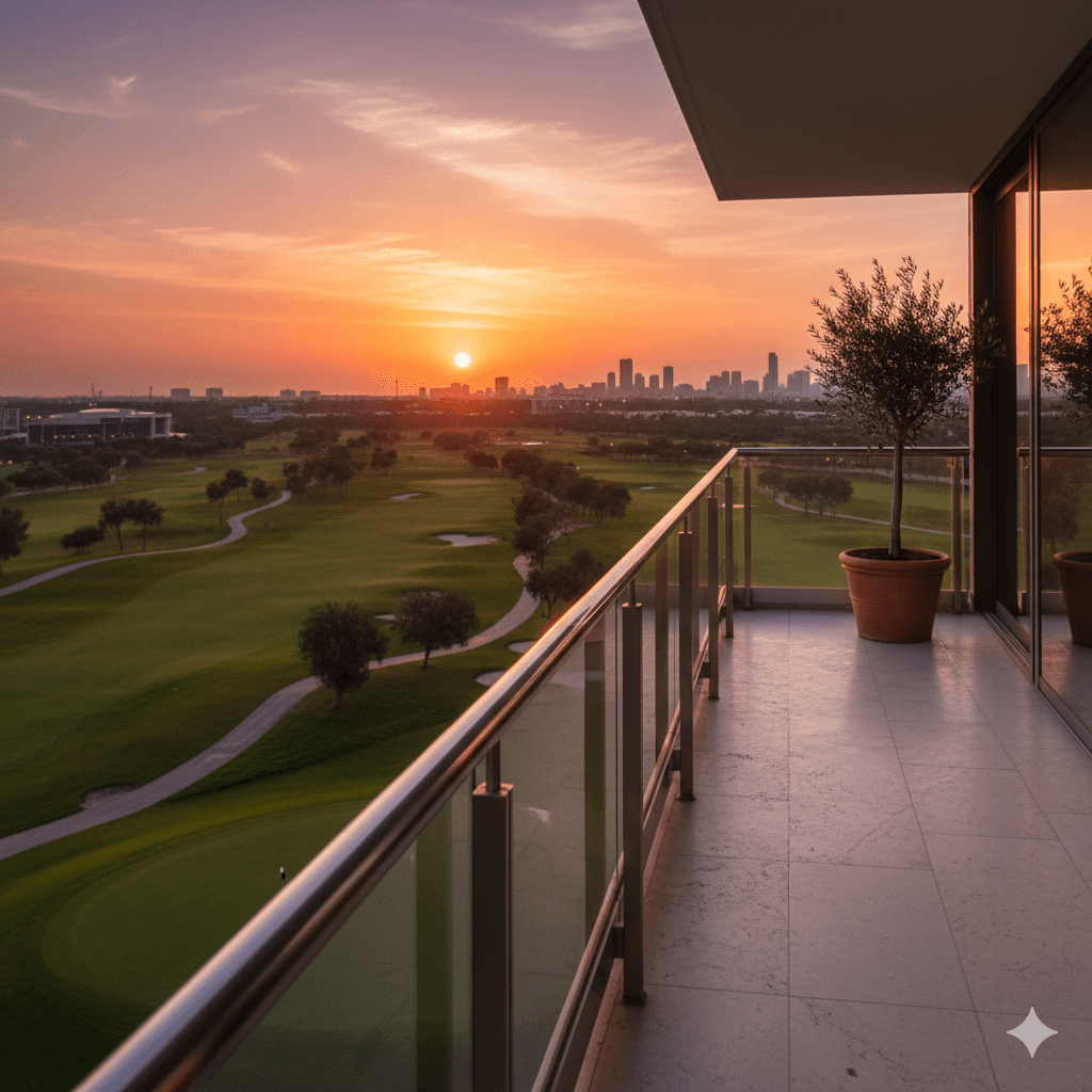 uxurious 4 BHK apartment living room with glass balcony overlooking M3M Noida golf course