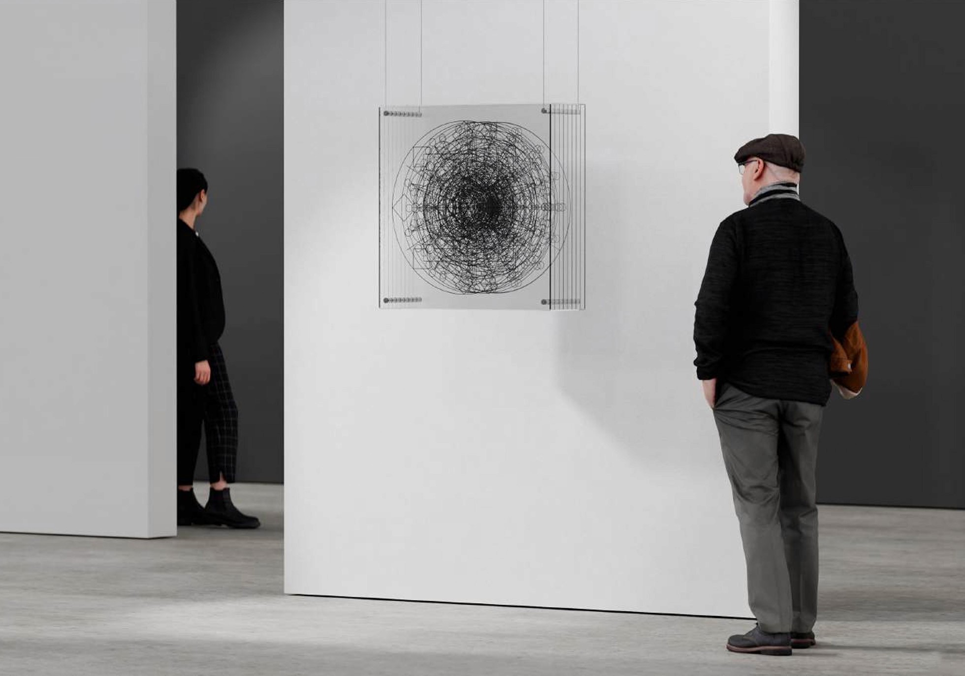Two people in a gallery, suspended Artpiece, 1M3 Mindmechanism