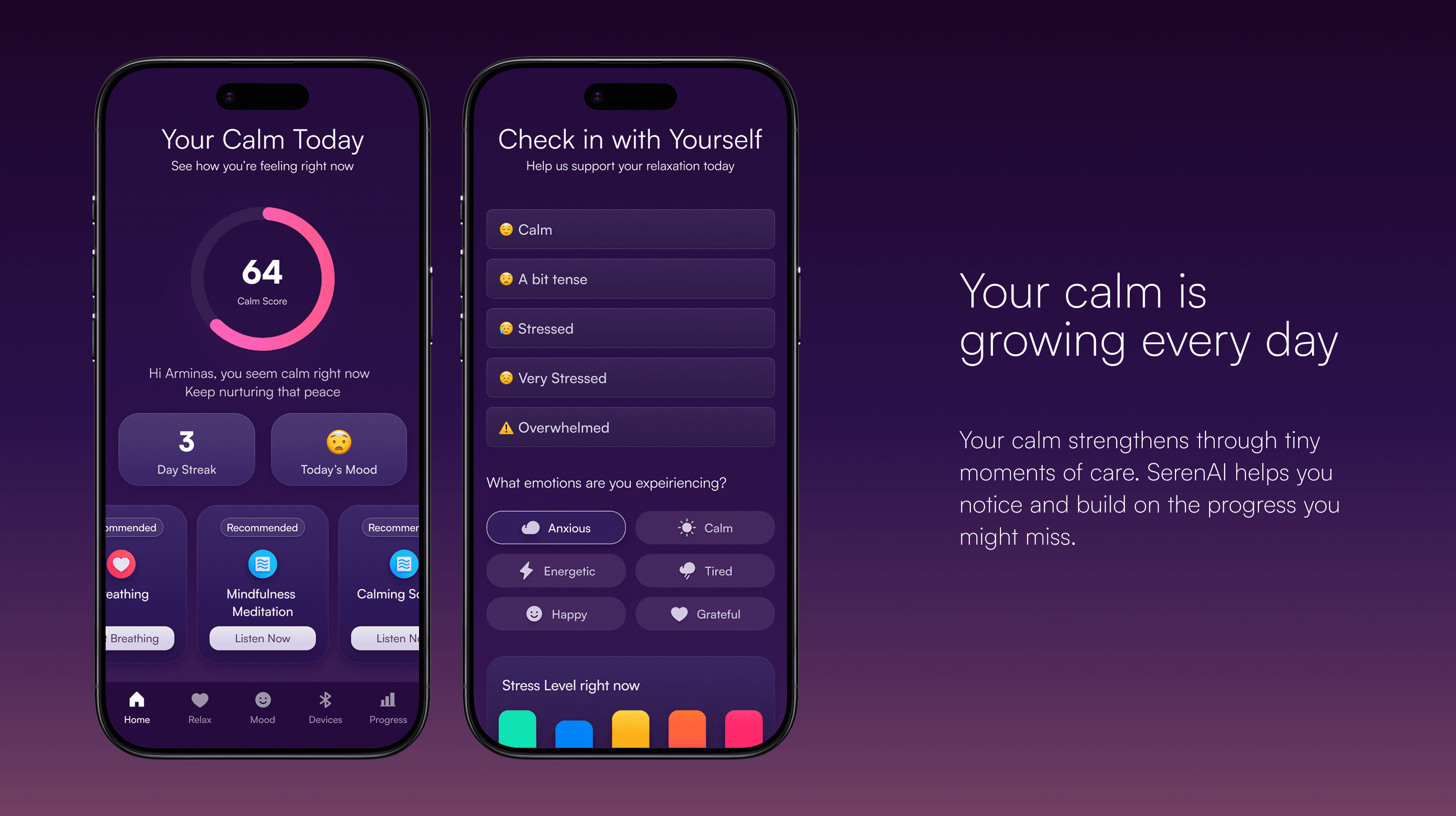 SerenAI connected devices screen showing Apple Watch integration with live health data such as heart rate, sleep quality, and daily steps.