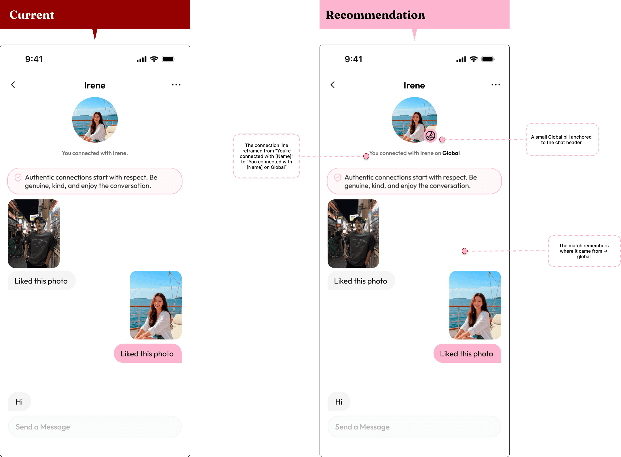 Mockup comparison: current KRUSH chat header reading "You connected with Irene," next to redesign with a small Global pill on the avatar and "You connected with Irene on Global."
