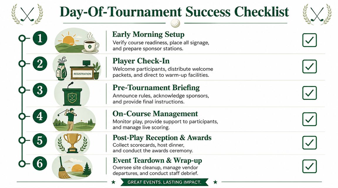 A golf tournament checklist infographic showing six essential steps for a successful event management day.