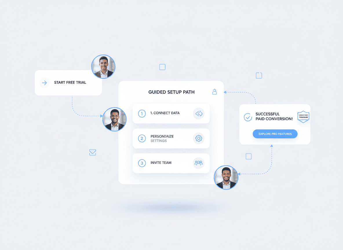 “SaaS onboarding visual showing aha moments, activation loops, and a 35% trial-to-paid conversion badge to represent conversion-focused UI design.”