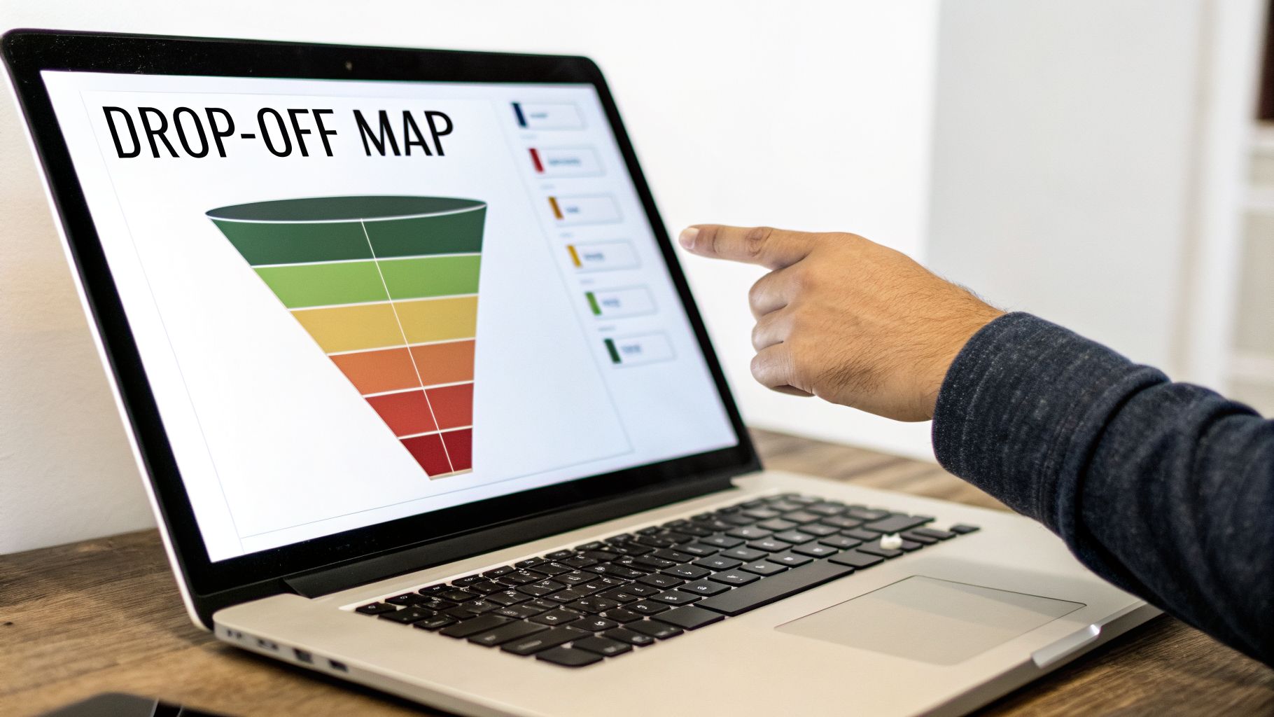 A hand points at a laptop screen showing a 'DROP-OFF MAP' funnel chart analyzing user journey.