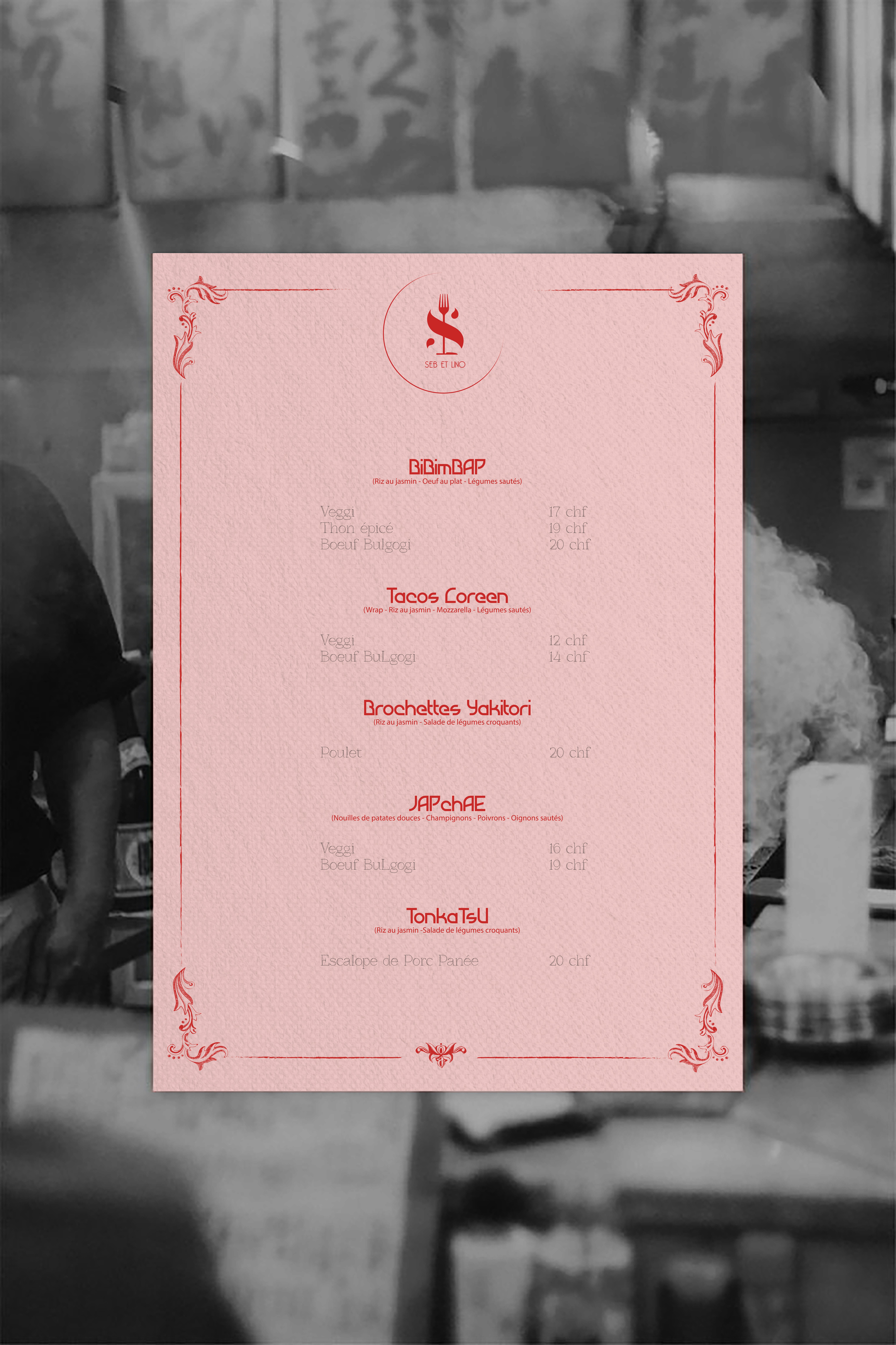 Seb & Lino restaurant menu in pink with dark monogram logo