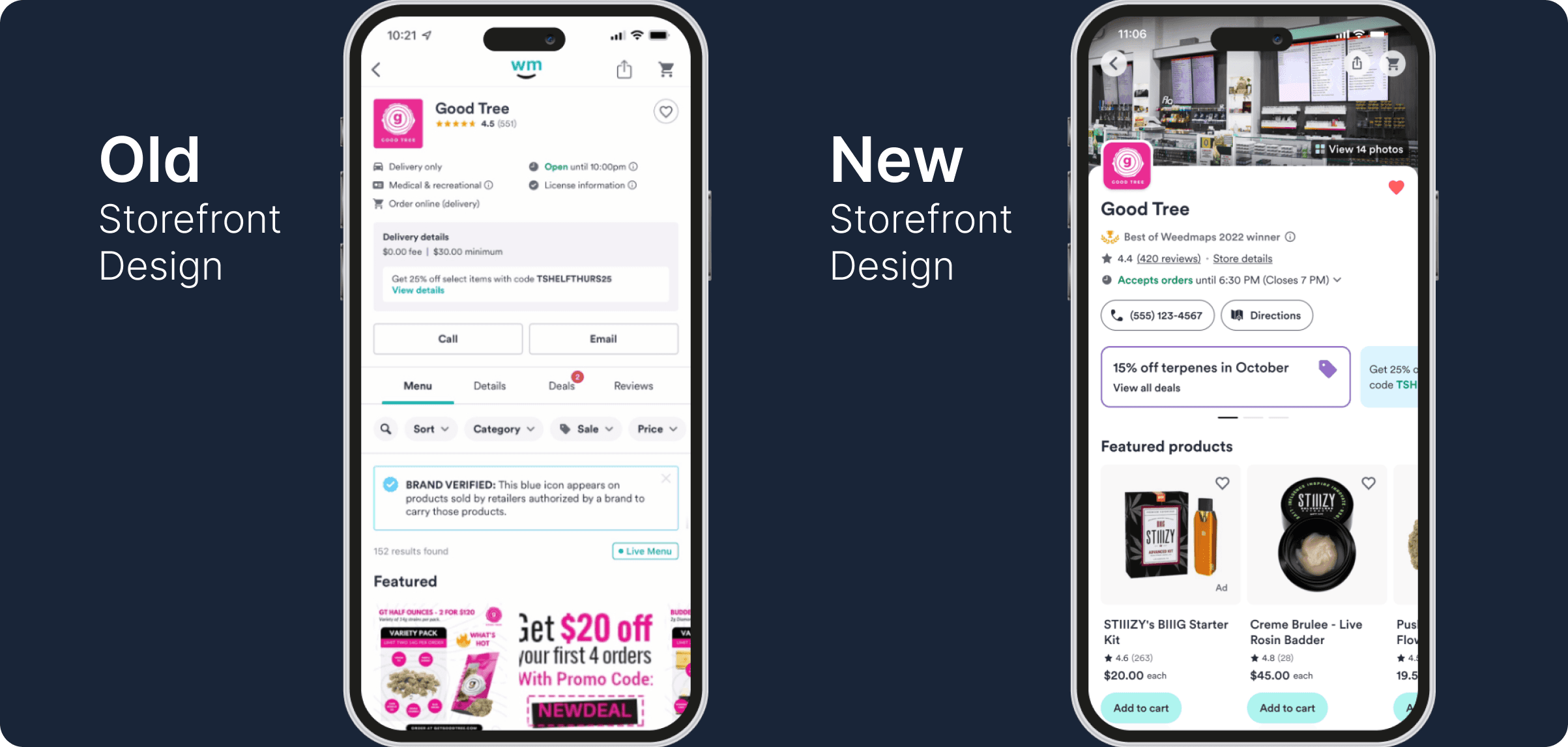 Two phone screens comparing the old storefront design with the new design.