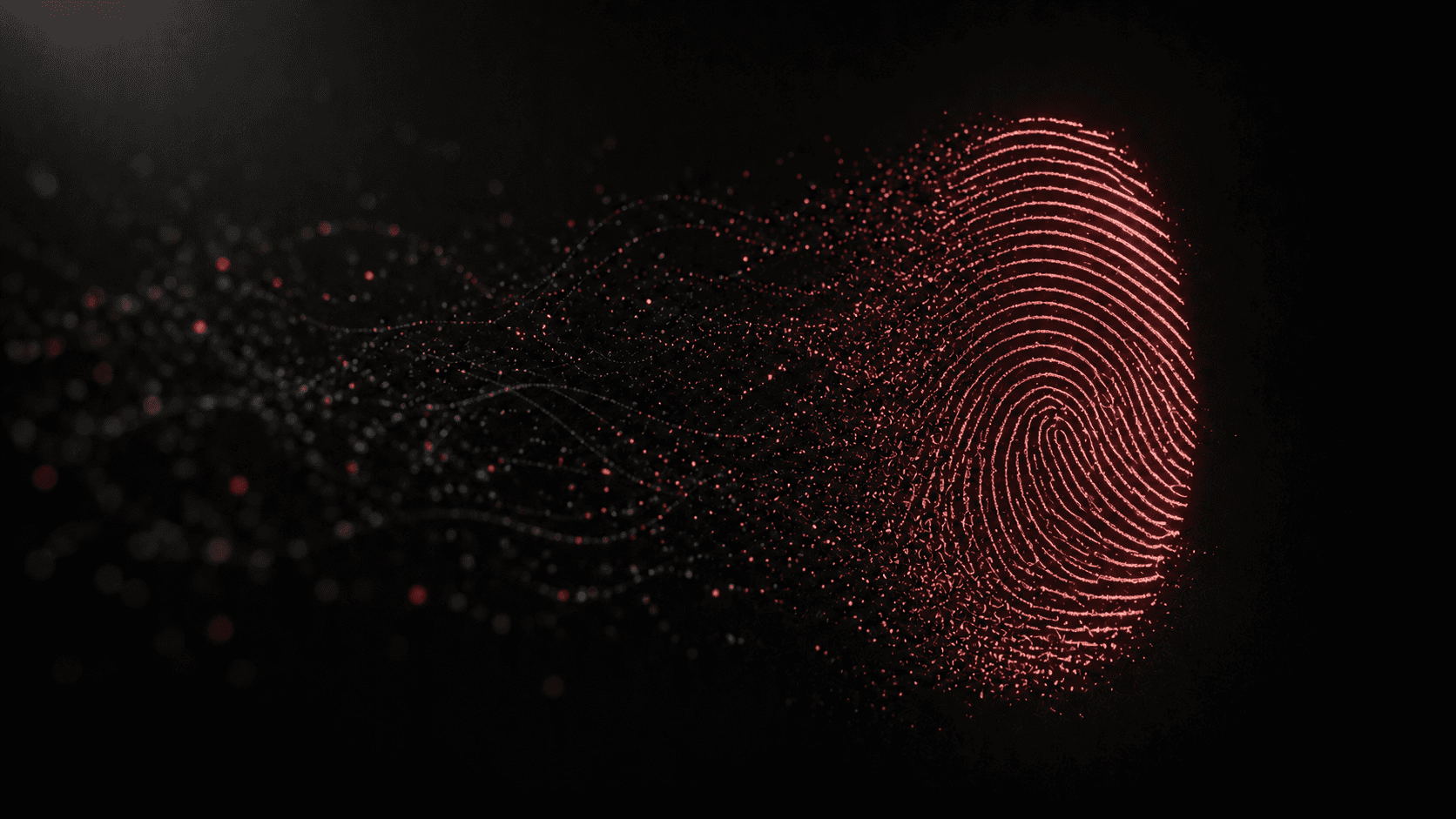 A coral-red fingerprint forming out of scattered dark data points, representing AI-driven personalization built from individual signals.