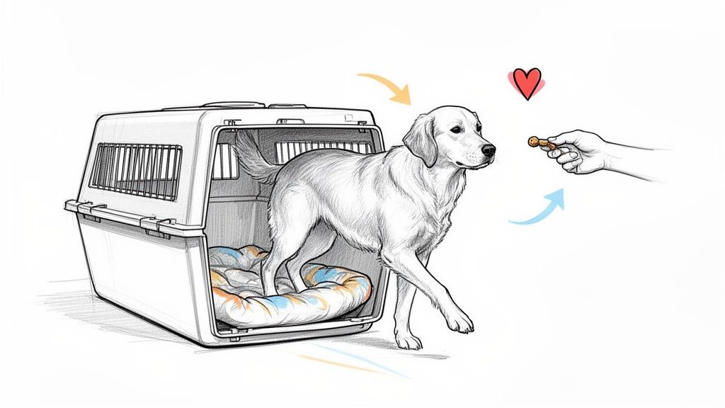 A golden retriever dog happily exiting a travel crate to receive a treat from a hand.