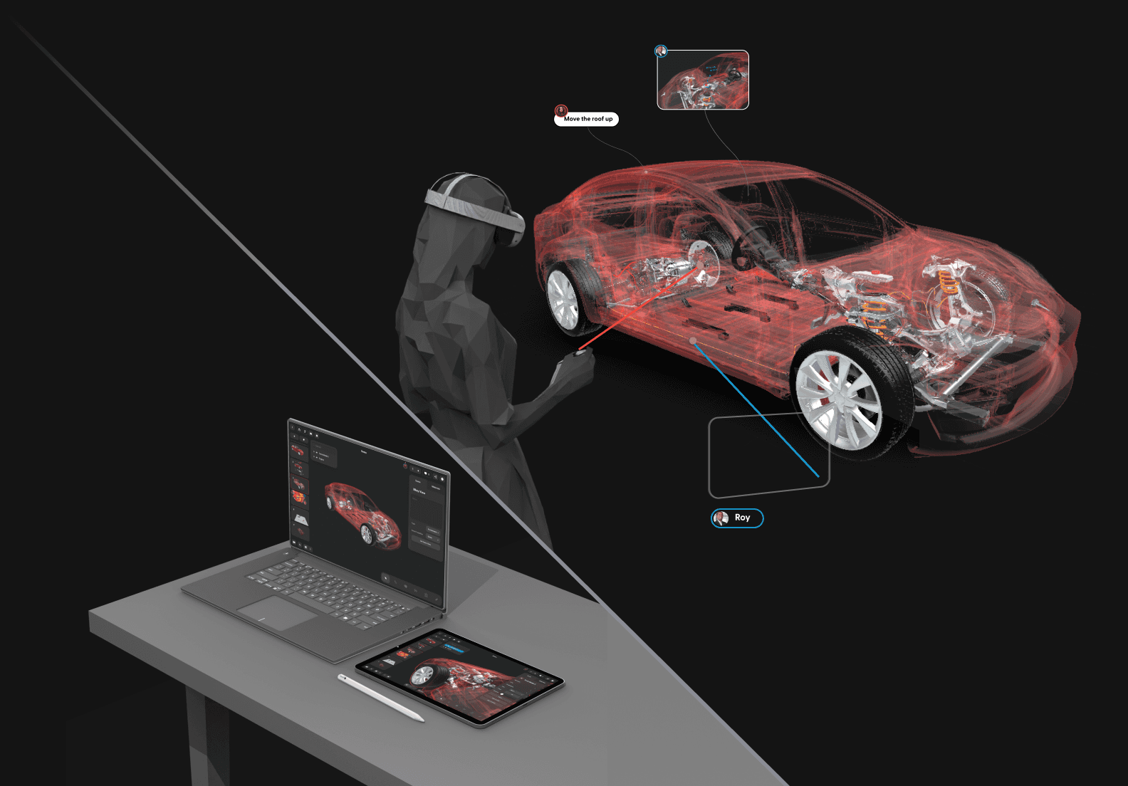 A person wearing an XR headset is viewing a 3D model of a red car, while the same model is also displayed on a desktop computer and a tablet.