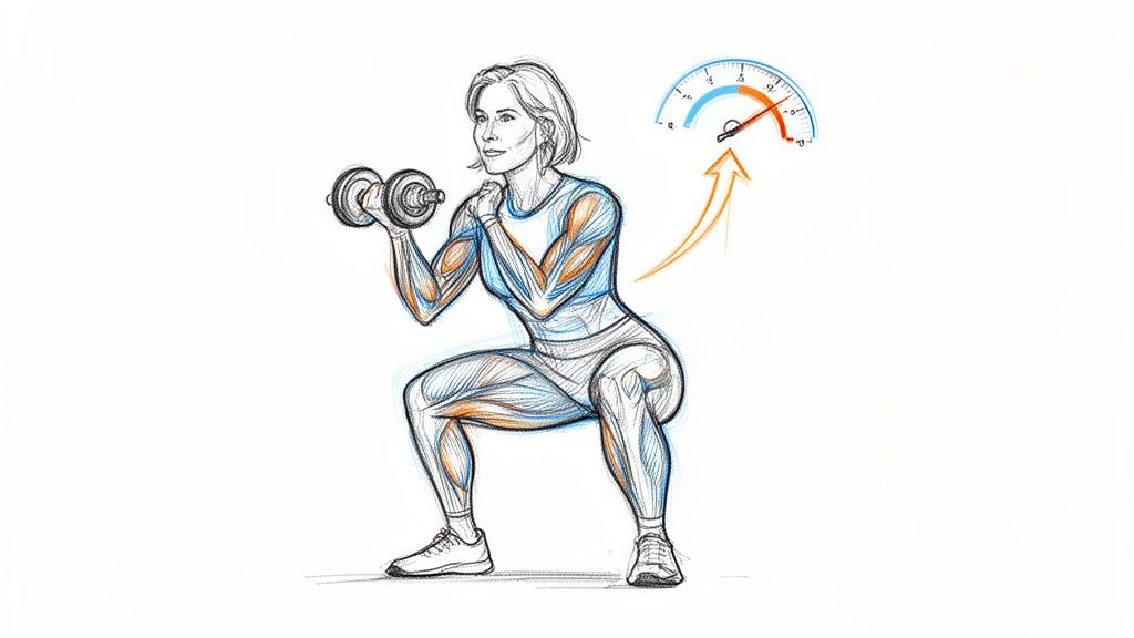 Illustration of a woman squatting with dumbbells, highlighting active muscles and increasing exercise intensity.