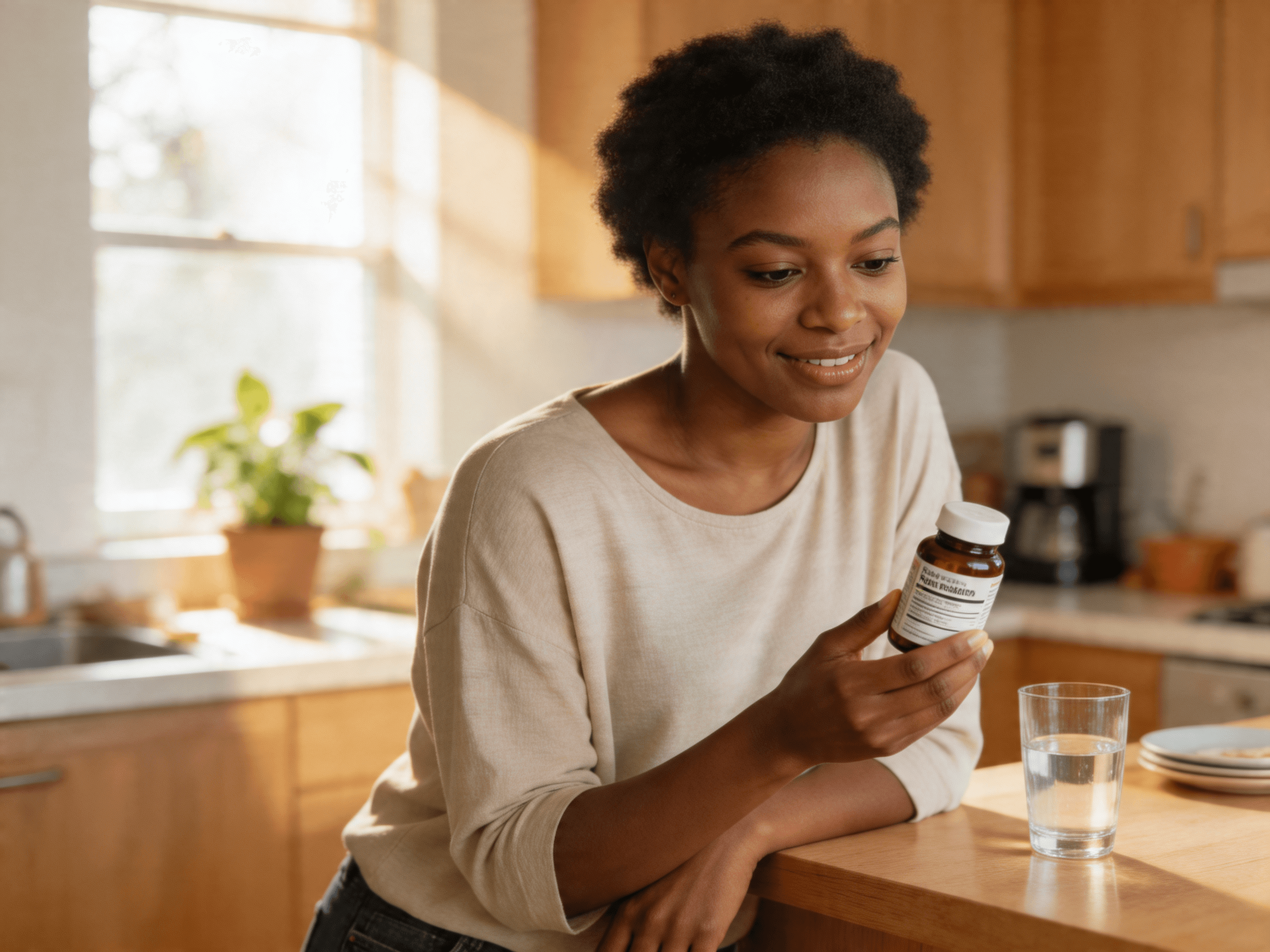 West African woman reviewing health vitamins and supplements in a modern home setting, representing professional wellness and nutrition.