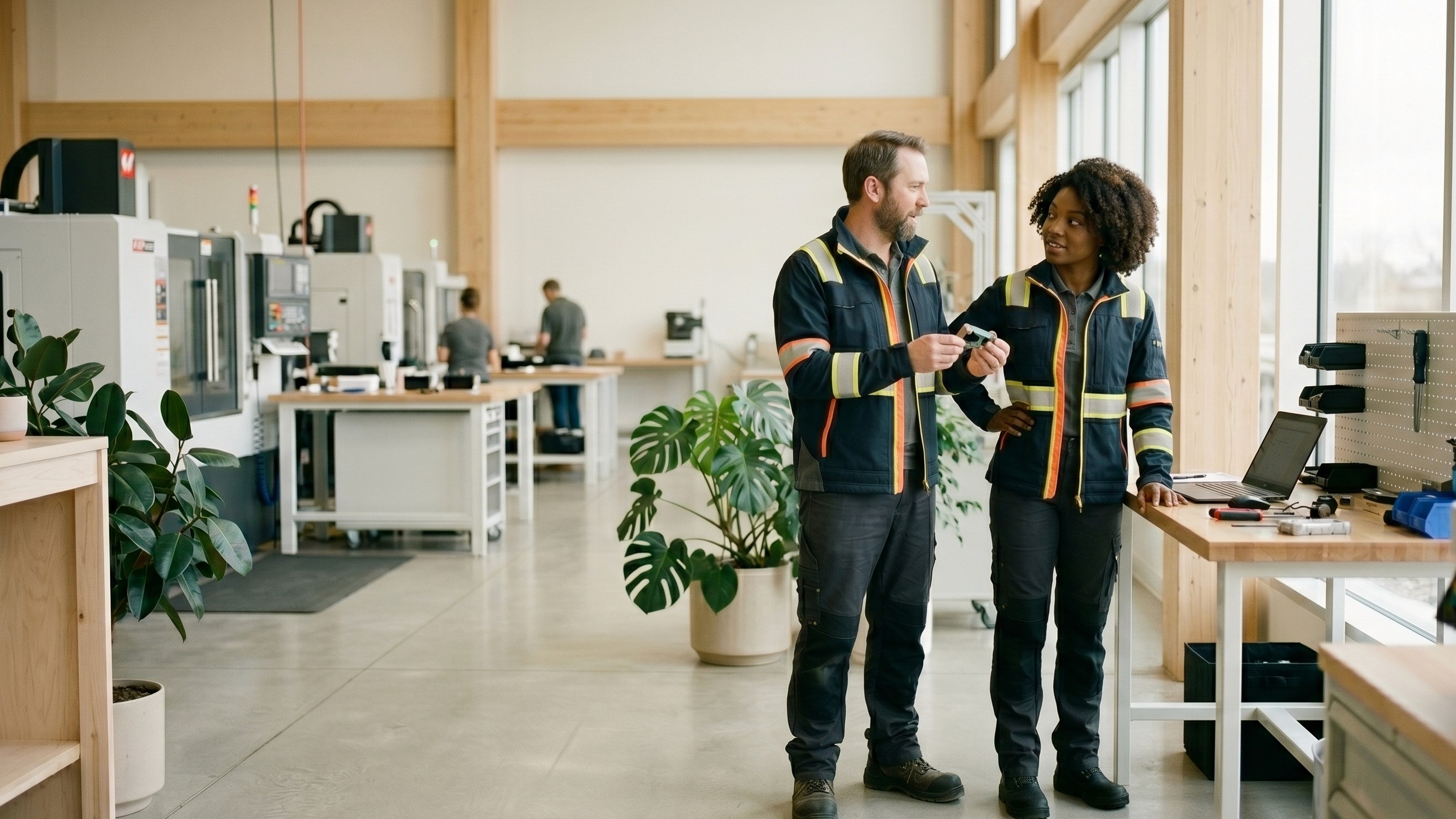 Two manufacturing workers, a white man and a Black woman, converse naturally in a bright, modern production facility. They wear matching dark blue work jackets with high-visibility reflective stripes. The man holds a small metal component while speaking, and the woman listens attentively with one hand resting on a light wood workbench. The airy workspace features large windows, exposed wood beams, lush potted plants, and modern machinery with other employees working in the softly blurred background.