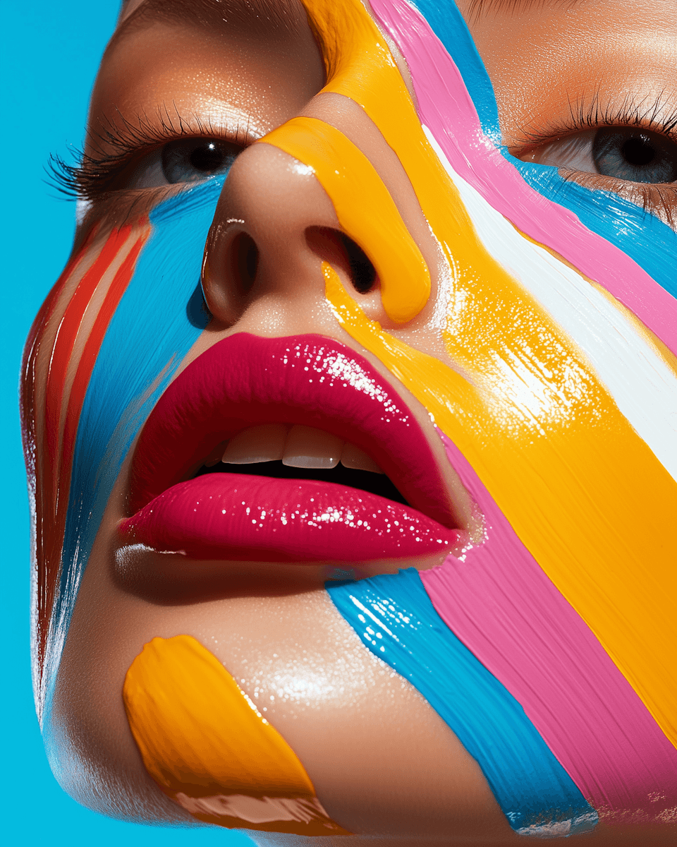 Close-up of a face with vibrant paint stripes in orange, pink, and blue, featuring bold lips and a striking expression.