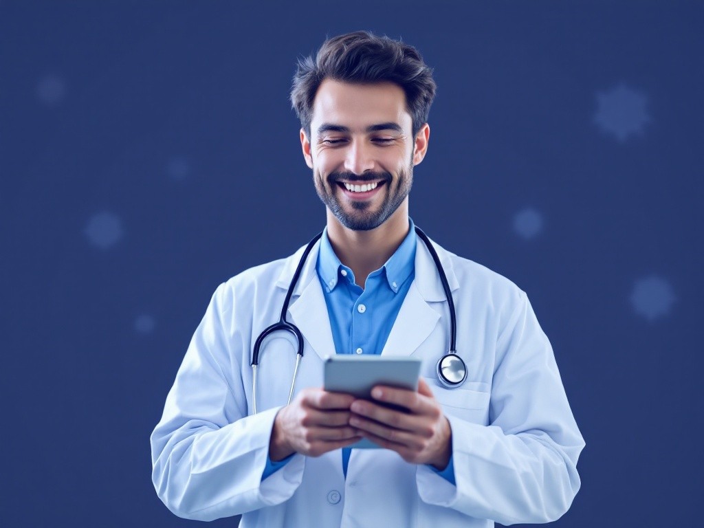 A doctor smiling while looking at a tablet