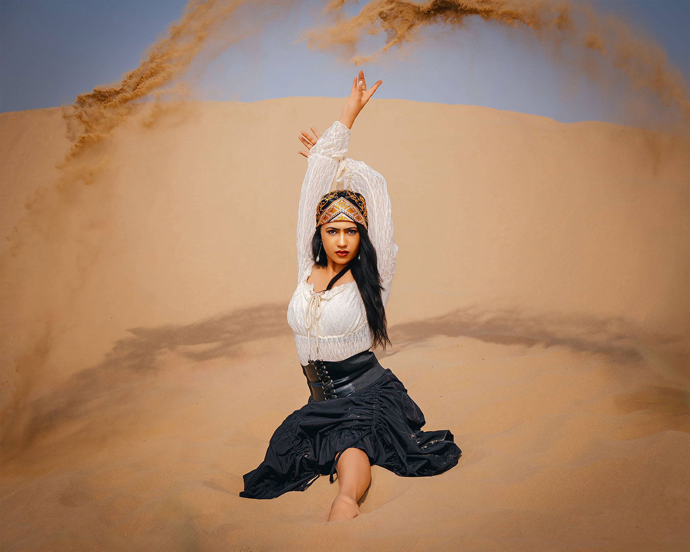 Cinematic desert shoot with warm tones and dramatic composition