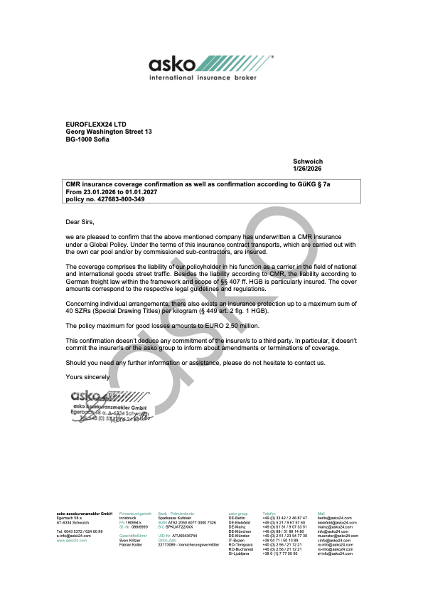 EuroFlexx24 Versicherungsnachweis bei asko für CMR über 40 SZR