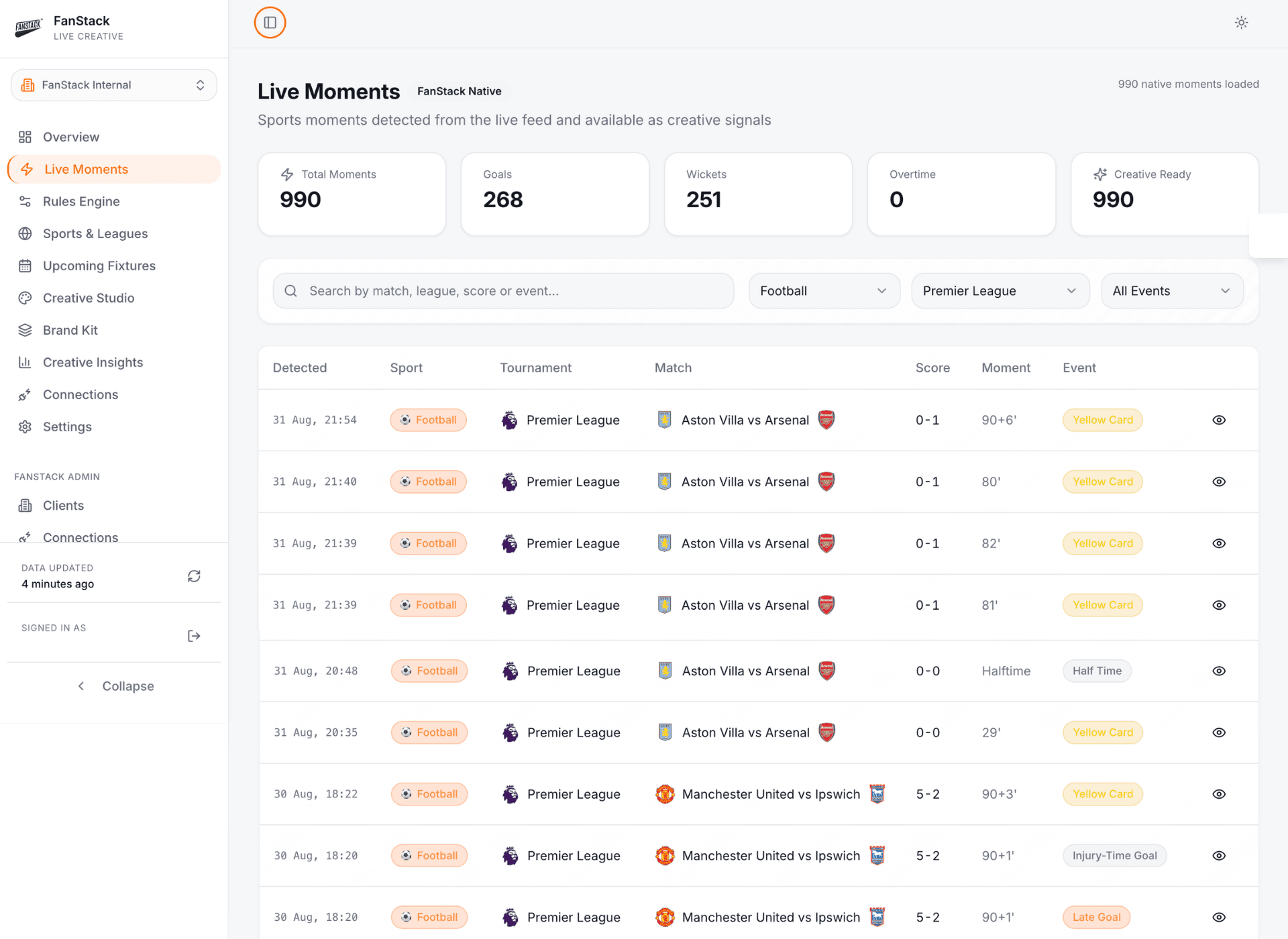 FanStack live sports intelligence and dynamic creative platform