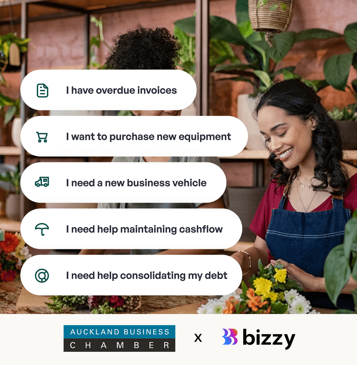 Image of woman with types of finance from I have overdue invoices, i need to purchase equipment or business vehicle overlays with Auckland Business Chambers and Bizzy Logos