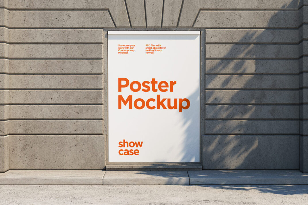 Vertical poster mockup framed within a concrete wall, illuminated by soft natural light with tree shadows adding depth. The clean, minimalist design contrasts with the textured, urban background for a modern aesthetic.