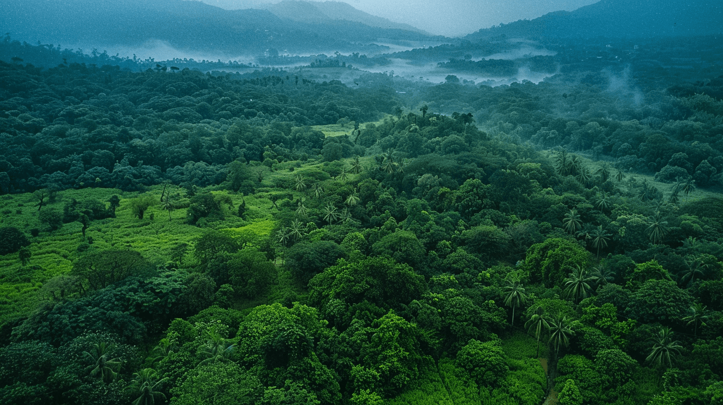 A serene outdoor seating area with two chairs, surrounded by lush greenery and a glassed-in structure.