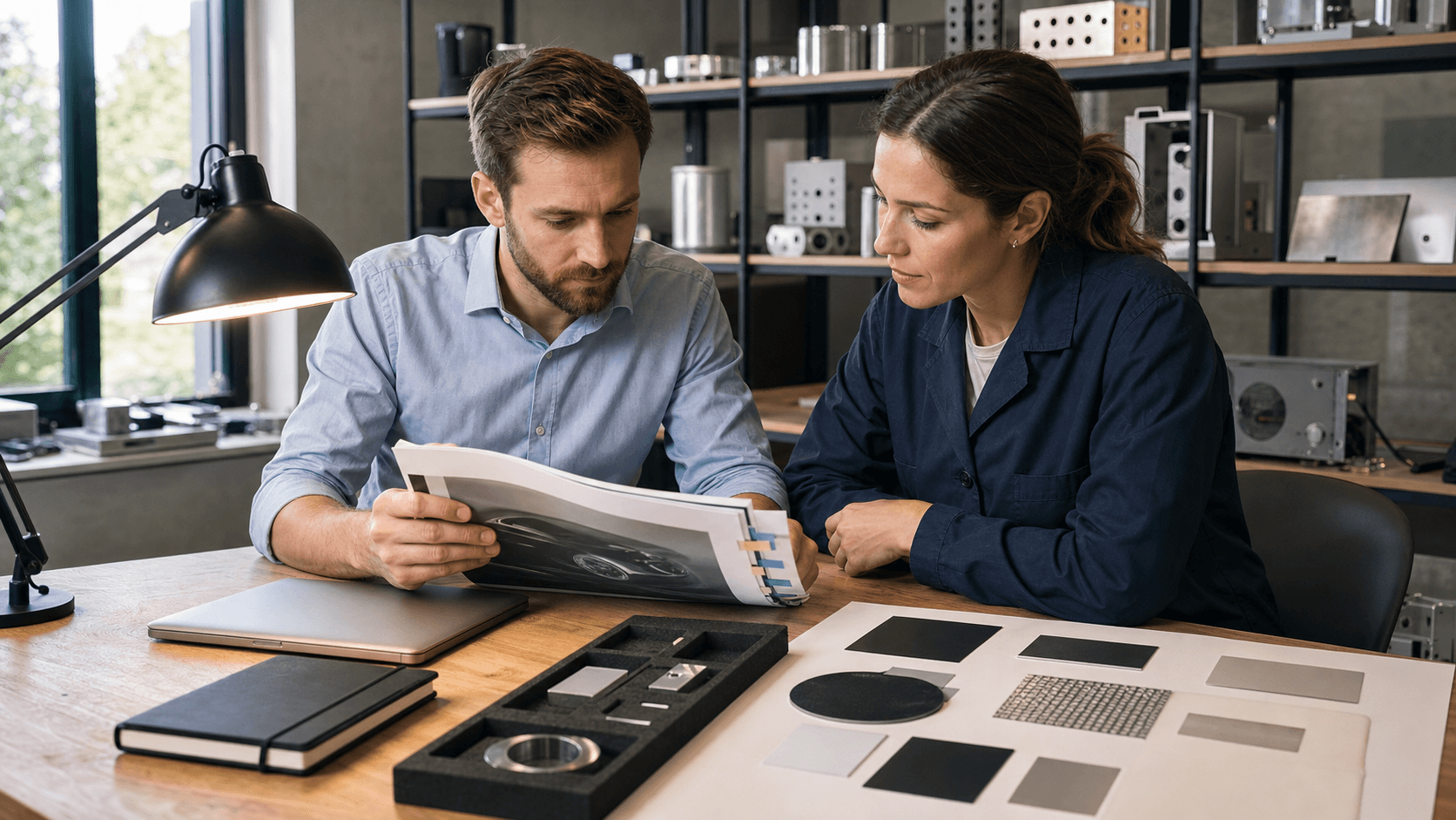Équipe deeptech consultant une plateforme de marque imprimée pour un branding startup sérieux