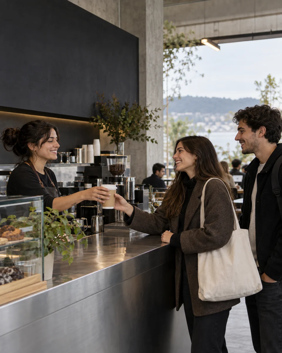 Estudiantes adultos en una cafetería. Escena editorial generada con IA, no representa un comercio asociado.