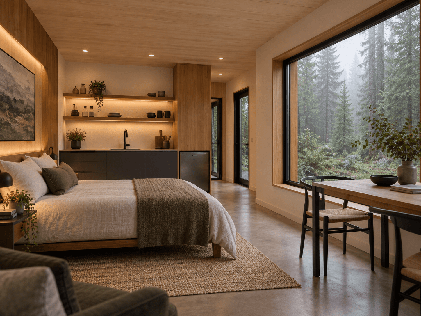 Warm studio ADU interior with built-in kitchenette, bed, desk, wood ceiling, and large window looking into a misty forest.