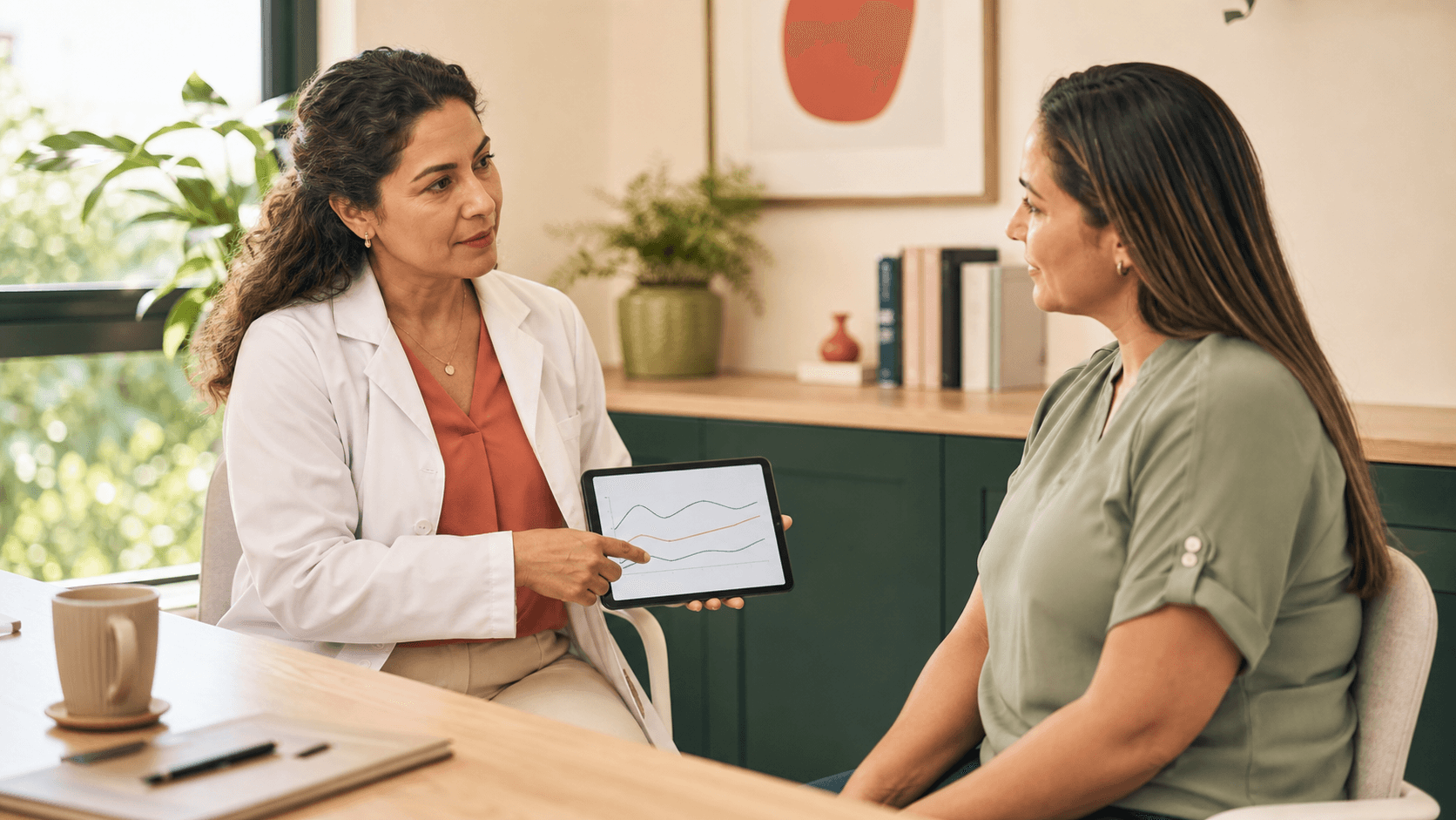 Médica conversando con una paciente colombiana sobre salud metabólica frente a una gráfica clínica sin marcas