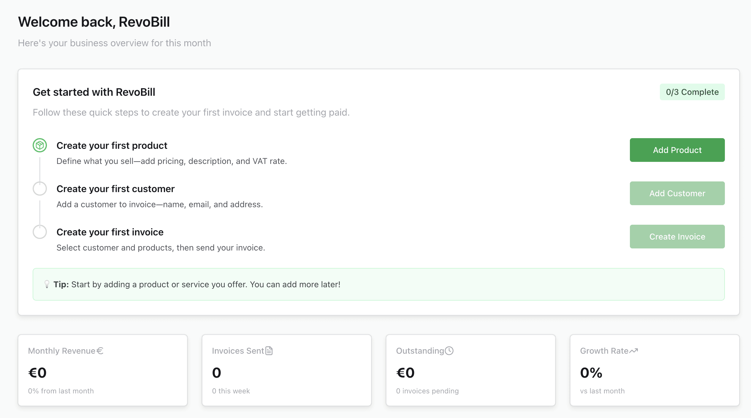Showcasing revoBill onboarding steps for creating first invoice
