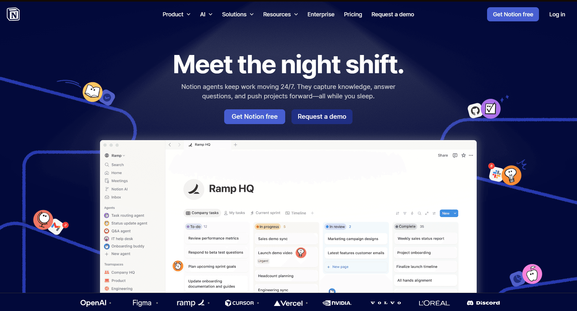 Notion homepage screenshot featuring the headline “Meet the night shift,” with buttons to get Notion free or request a demo and a workspace dashboard preview below.