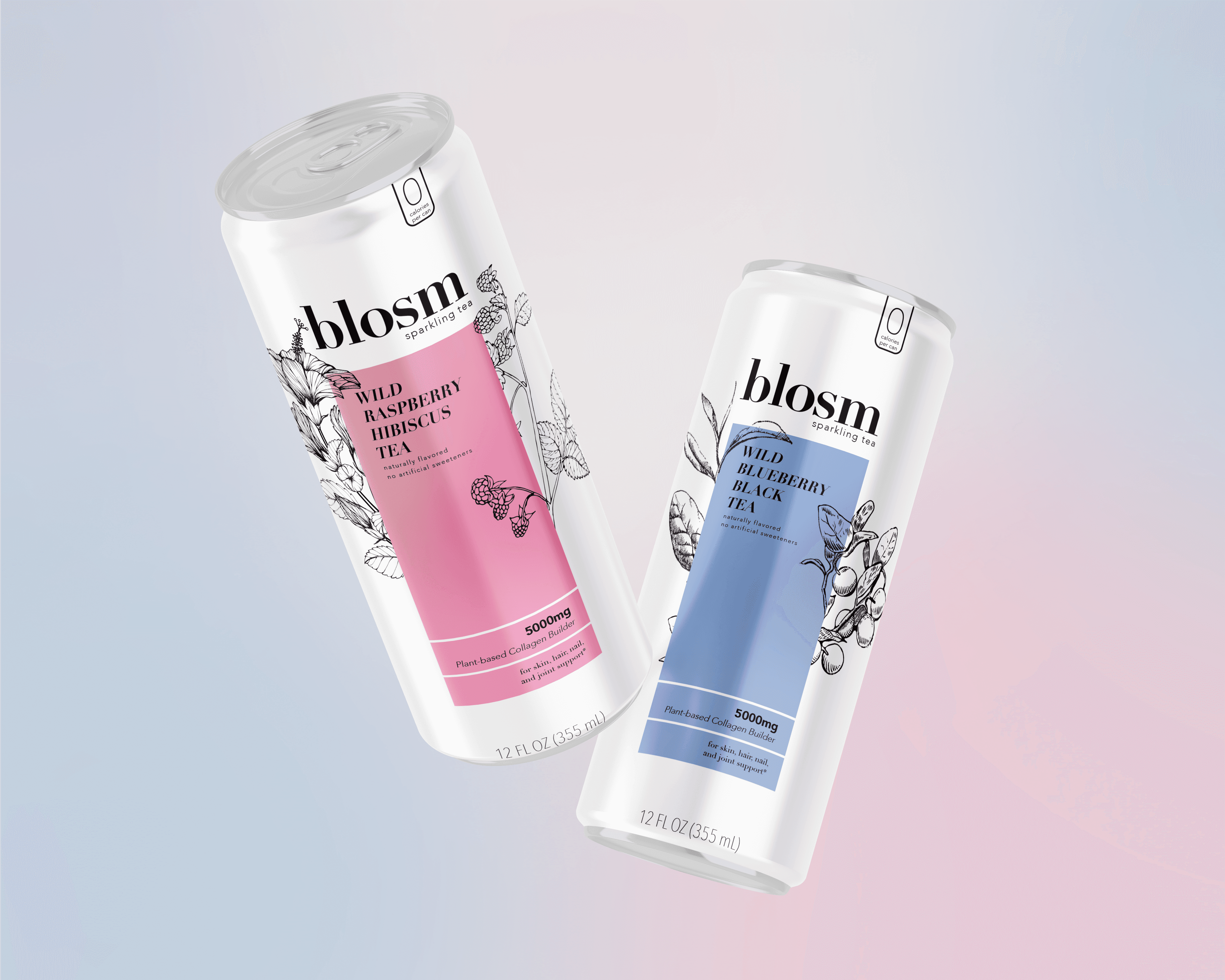 Two hovering cans of a collagen tea called Blosm