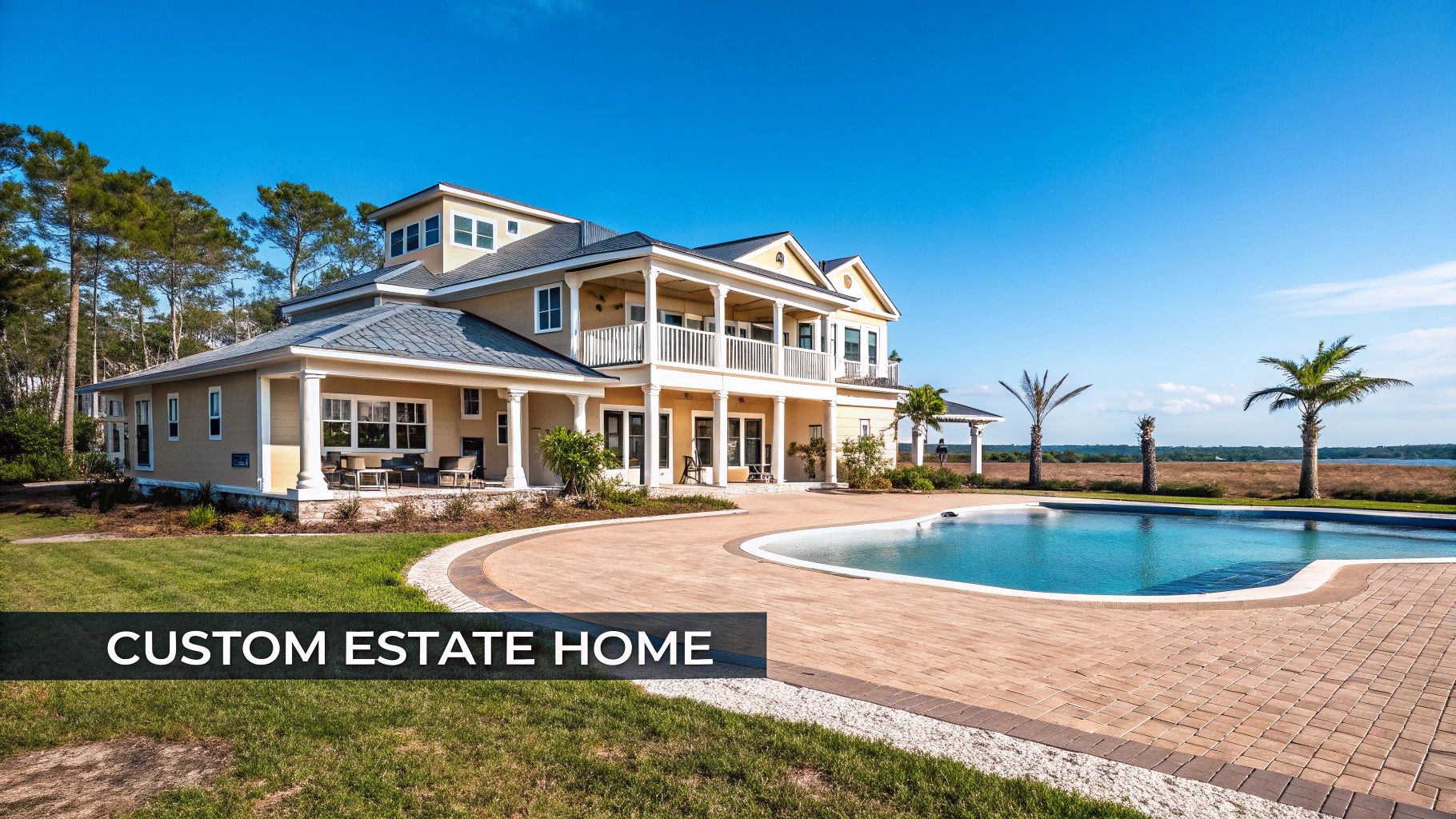 A grand custom estate home with a swimming pool, surrounded by palm trees and lush landscape, under a clear blue sky.