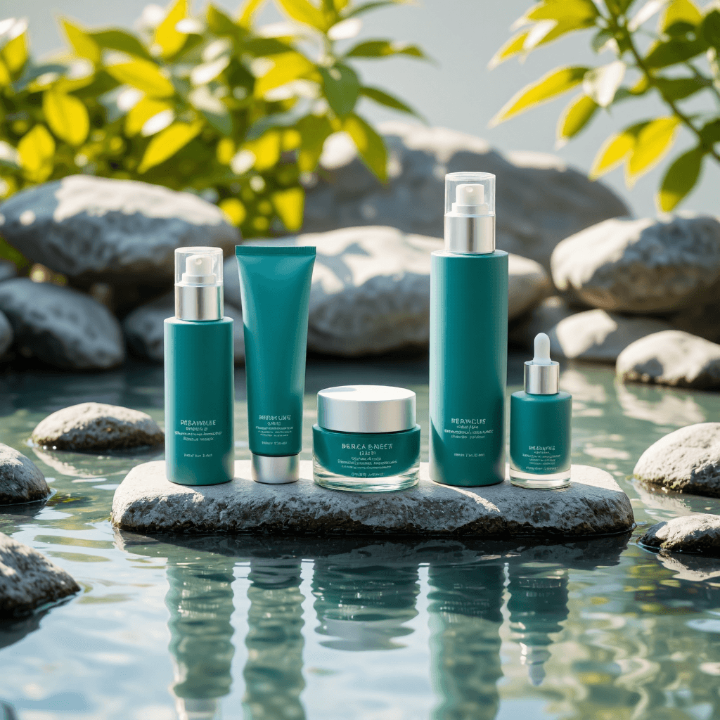 product photography of set of skincare bottles and a cream jar